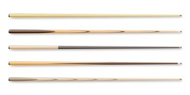 Beyaz arka planda izole edilmiş çeşitli tahta bilardo ıstakaları. Snooker spor malzemeleri. Klasik bilardo ıstakası. Aktif eğlence ve eğlence. Vektör illüstrasyonu