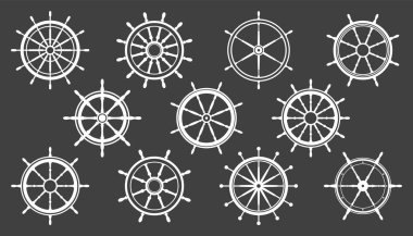 Beyaz vintage direksiyon koleksiyonu. Gemi, yat retro tekerlek sembolü. Denizci dümeni simgesi. Deniz tasarım elemanı. Vektör illüstrasyonu