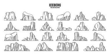 Various floating icebergs. Drifting arctic glacier, block of frozen ocean water. Icy mountains with snow. Melting ice peak. Antarctic snowy landscape. Outline drawing, sketch. Vector illustration
