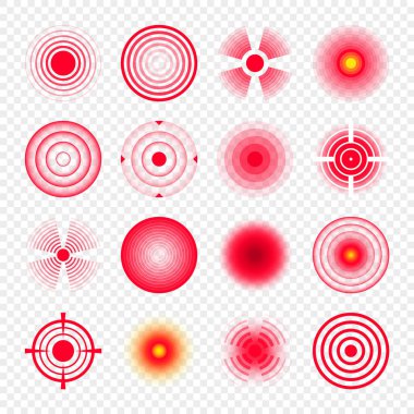 Ağrı yerelleştirme izleri. Ağrılı bölge, ağrılı nokta. Kırmızı daireler, hedefler. Baş ağrısı, çürük vücut parçaları. Sırt, boyun, kas ağrısı sembolü. Sağlık hizmeti reklamı, tıbbi bilgiler. Vektör illüstrasyonu.
