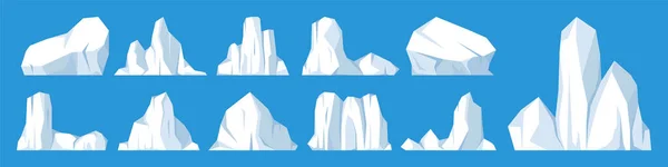 Colección de icebergs flotantes. Glaciar ártico a la deriva, bloque de agua congelada del océano. Montañas heladas con nieve. Derretimiento del pico de hielo. Paisaje nevado antártico. Polo Sur y Polo Norte. Ilustración vectorial. — Vector de stock