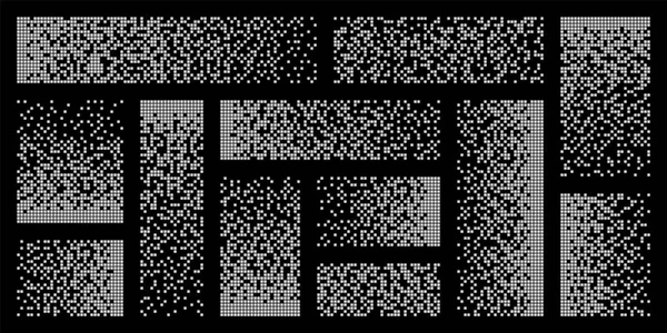Auflösung der Pixel, Zerfallseffekt. Verschiedene rechteckige Elemente aus quadratischen Formen. Verstreutes Punktemuster. Mosaische Textur mit einfachen Partikeln. Vektorillustration. — Stockvektor