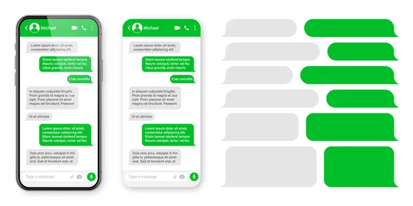 Realistische smartphone met messaging app. Blanco SMS tekst frame. Gesprek chatscherm met groene bericht bellen. Social media applicatie. Vectorillustratie. — Stockvector