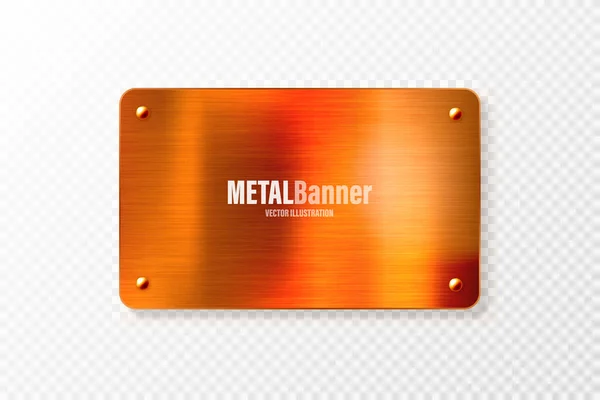 Realistic copper banner. Brushed stainless steel plate with rivets. Polished metal surface. Scratched industrial texture, metal background. Vector illustration. — Archivo Imágenes Vectoriales