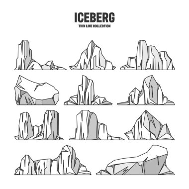 Various floating icebergs. Drifting arctic glacier, block of frozen ocean water. Icy mountains with snow. Melting ice peak. Antarctic snowy landscape. Outline drawing, sketch. Vector illustration