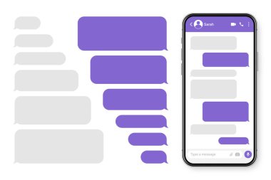 Mesajlaşma uygulaması olan gerçekçi bir akıllı telefon. Boş SMS metin çerçevesi. Menekşe mesaj baloncuklarıyla sohbet ekranı. Sosyal medya uygulaması. Vektör illüstrasyonu.