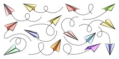Çeşitli el yapımı kağıt uçaklar. Noktalı çizgili renkli karalama uçakları. Uçak ikonu, basit uçak siluetleri. Taslak, çizgi sanatı. Vektör illüstrasyonu.