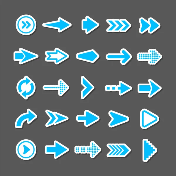 Kleurrijke pijlstickers ingesteld. Blauwe cursor pictogrammen, wijzers collectie. Eenvoudige pijlen in verschillende vormen. Vervolgens, achterste webtekens. Vectorillustratie. — Stockvector