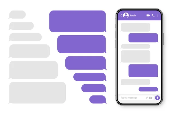 Realistische smartphone met messaging app. Blanco SMS tekst frame. Gesprek chatscherm met violette bericht bellen. Social media applicatie. Vectorillustratie. — Stockvector