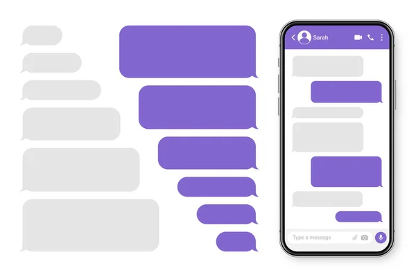 Realistický smartphone s aplikací pro zasílání zpráv. Prázdný textový rámec SMS. Obrazovka konverzace s fialovými bublinami zpráv. Aplikace sociálních médií. Vektorová ilustrace. — Stockový vektor