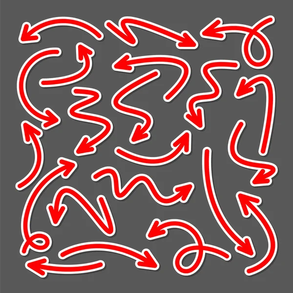 Colorido mão desenhado conjunto de adesivos de seta. Coleção de ponteiros vermelhos. Setas simples em diferentes formas. Sinais de direcção. Ilustração vetorial. —  Vetores de Stock