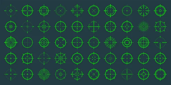 Crosshair, gun sight vector icons. Bullseye, green target or aim symbol. Military rifle scope, shooting mark sign. Targeting, aiming for a shot. Archery, hunting and sports shooting. Game UI element. — Stock Vector