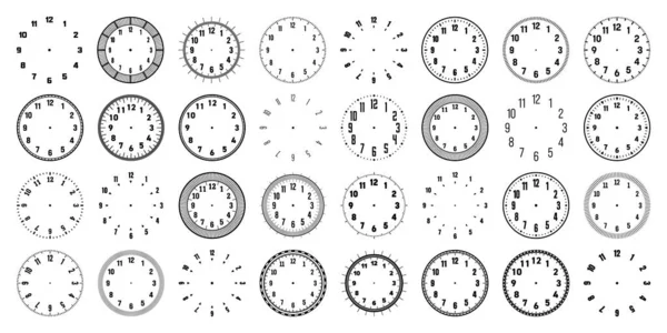 Mechanical clock faces with arabic numerals, bezel. Watch dial with minute, hour marks and numbers. Timer or stopwatch element. Blank measuring circle scale with divisions. Vector illustration — стоковый вектор