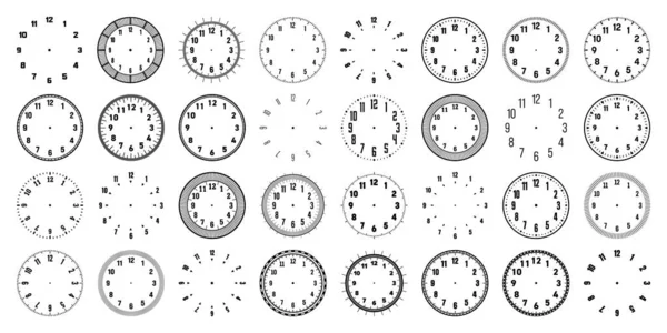 Mechanical clock faces with arabic numerals, bezel. Watch dial with minute, hour marks and numbers. Timer or stopwatch element. Blank measuring circle scale with divisions. Vector illustration — Image vectorielle