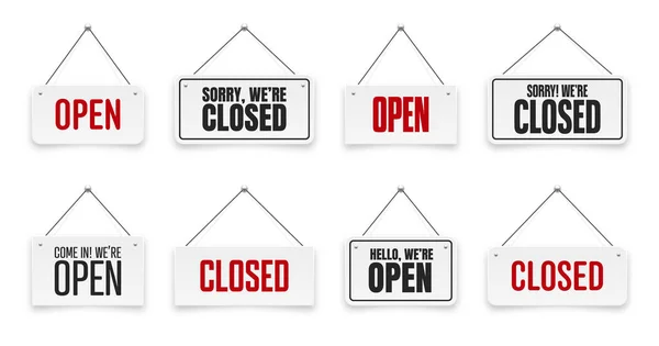 Realistic open or closed hanging signboards. Vintage door sign for cafe, restaurant, bar or retail store. Announcement banner, information signage for business or service. Vector illustration — Stock Vector