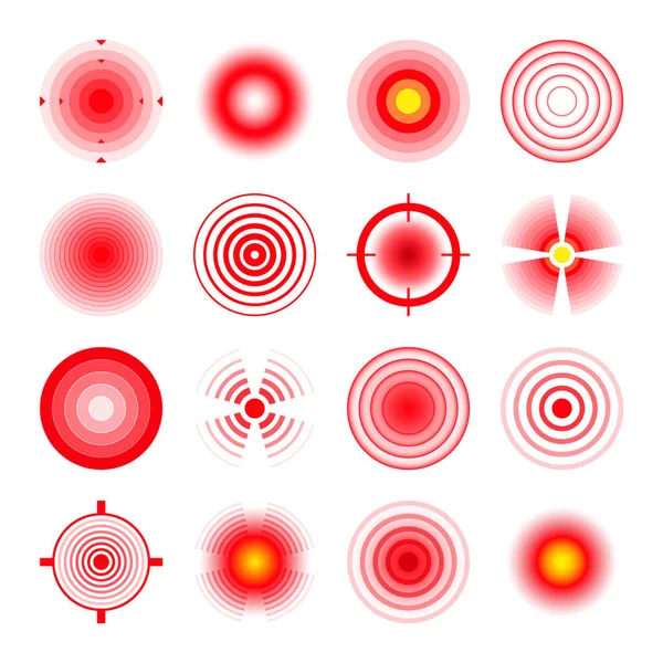 Schmerzortungsmarken. Schmerzhafte Stelle, schmerzende Stelle. Rote Kreise, Ziele. Kopfschmerzen, Blutergüsse am Körper. Rücken, Nacken, Muskelschmerzen. Gesundheitsanzeige, medizinische Informationen. Vektorillustration. — Stockvektor