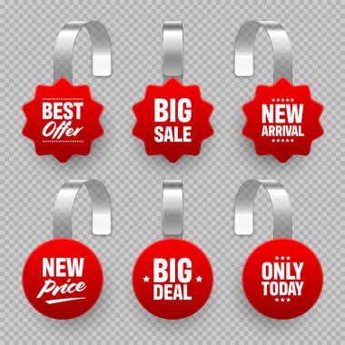 Reklam metniyle süpermarket tanıtımcıları. Rafların reklamları için gerçekçi bir vektör titreşim şablonu. İndirim ya da indirim etiketi. Özel teklif fiyat etiketi.