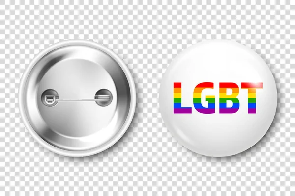 Реалистичный белый значок с радужным флагом ЛГБТК. Лесбиянки, геи, бисексуалы, трансгендерные символы любви, месяц гордости. 3D глянцевая круглая кнопка. Наклейка значка. Векторная иллюстрация — стоковый вектор