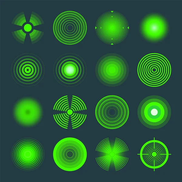 Thermal, night vision scope. Crosshair, gun sight vector icons. Bullseye, target or aim symbol. Military rifle scope, shooting mark sign. Targeting, aiming for a shot. Green radar waves, circles — Stock Vector