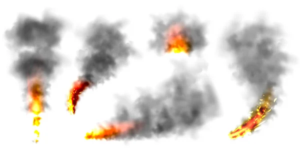Black realistic smoke, dust clouds isolated on white background. Dirty polluted smog or fog. Air pollution, mist effect. Smoke from fire or explosion. Vector illustration — ストックベクタ