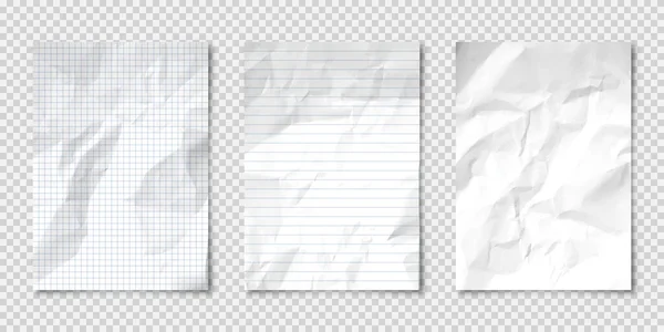 Realistische blanco gekreukte vellen papier in A4-formaat op transparante achtergrond. Notebookpagina, document. Ontwerp sjabloon of model. Vectorillustratie. — Stockvector