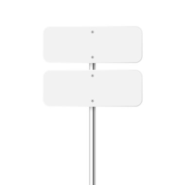 Yol, trafik işareti. Krom metal bir direkte otoyol tabelası. Yazı için yeri olan boş beyaz tahta. Yön işareti ve yol bulucu. Bilgi işareti modeli. Vektör illüstrasyonu.