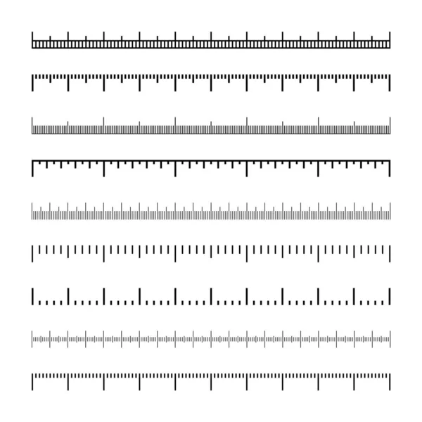 Varias escalas de medición con divisiones. Escala realista para medir longitud o altura en centímetros, milímetros o pulgadas. Regla, marcas de cinta métrica, indicadores de tamaño. Ilustración vectorial — Vector de stock