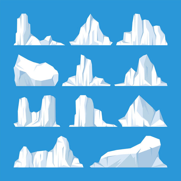 Floating icebergs collection. Drifting arctic glacier, block of frozen ocean water. Icy mountains with snow. Melting ice peak. Antarctic snowy landscape. South and North Pole. Vector illustration.