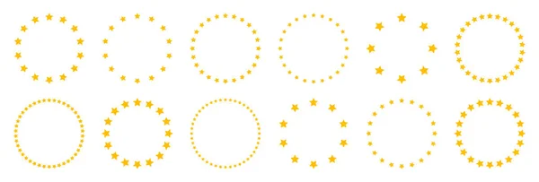 Звезды разных размеров расставлены по кругу. Круглая рамка, граница. Желтая звезда, простой символ. Элемент дизайна, орнамент. Векторная иллюстрация — стоковый вектор