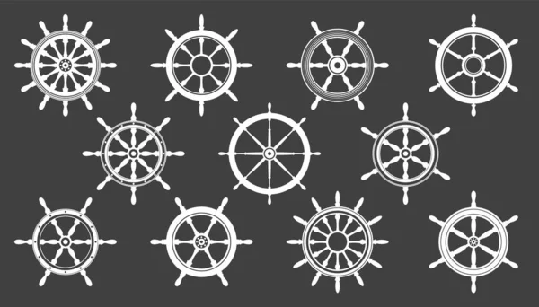 Συλλογή από λευκά vintage τιμόνι. Πλοίο, σκάφος ρετρό τροχό σύμβολο. Ναυτική εικόνα πηδαλίου. Στοιχείο θαλάσσιου σχεδιασμού. Εικονογράφηση διανύσματος — Διανυσματικό Αρχείο