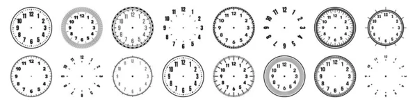 Mechanical clock faces with arabic numerals, bezel. Watch dial with minute, hour marks and numbers. Timer or stopwatch element. Blank measuring circle scale with divisions. Vector illustration — Image vectorielle