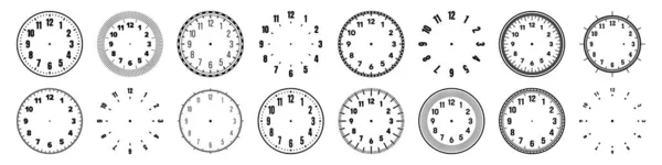 Mechanical clock faces with arabic numerals, bezel. Watch dial with minute, hour marks and numbers. Timer or stopwatch element. Blank measuring circle scale with divisions. Vector illustration — стоковый вектор