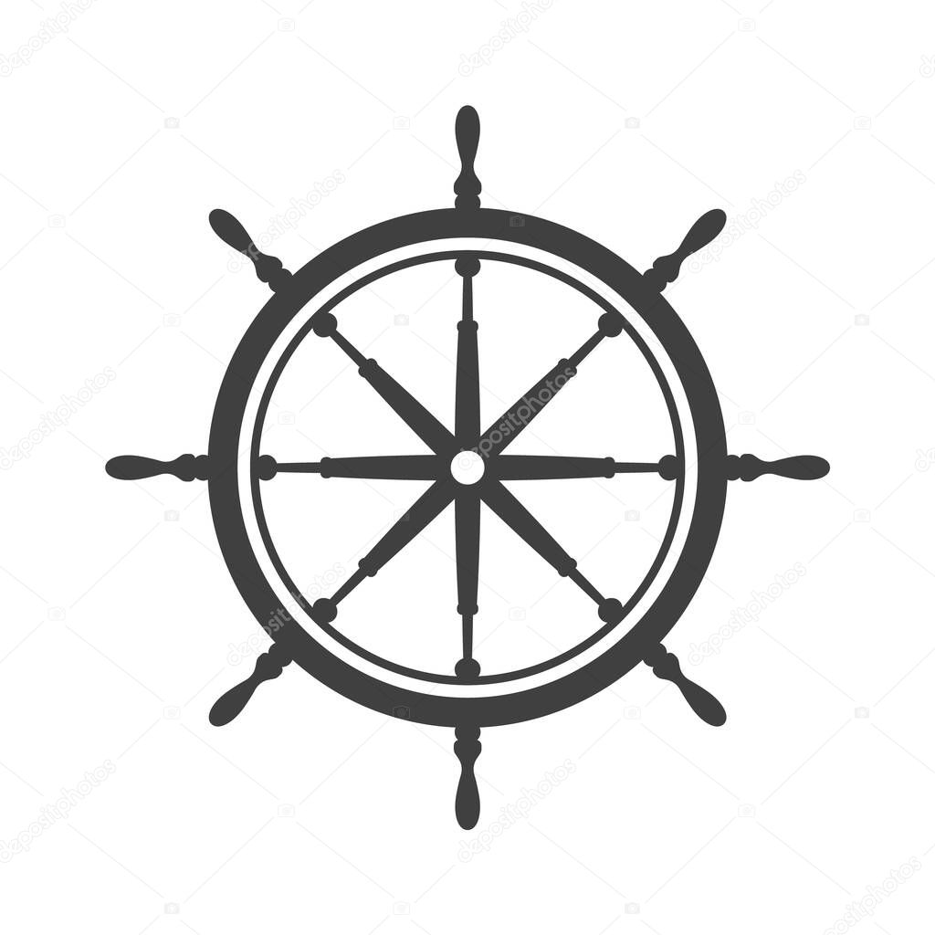 Vintage steering wheel. Ship, yacht retro wheel symbol. Nautical rudder icon. Marine design element. Vector illustration.
