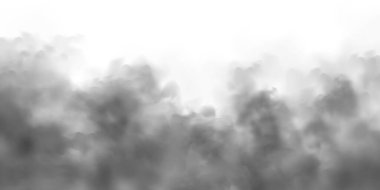 Siyah gerçekçi duman, beyaz arka planda izole toz bulutları. Kirli kirli sis ya da sis. Hava kirliliği, sis etkisi. Yangından ya da patlamadan çıkan duman. Vektör illüstrasyonu