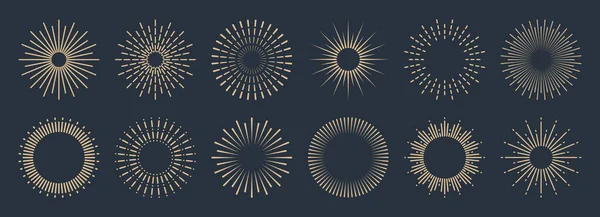 Vintage sunburst collection. Bursting golden sun rays. Fireworks. Logotype or lettering design element. Radial sunset beams. Vector illustration. — Stock Vector