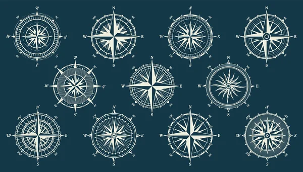 Vintage marine wind rose, nautical chart. Monochrome navigational compass with cardinal directions of North, East, South, West. Geographical position, cartography and navigation. Vector illustration. — Stock Vector