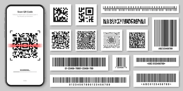 Productbarcodes en QR-codes. Smartphone applicatie, scanner app. Identificatiecode. Serienummer, product-ID met digitale informatie. Winkel, supermarkt scan labels, vector prijskaartje. — Stockvector
