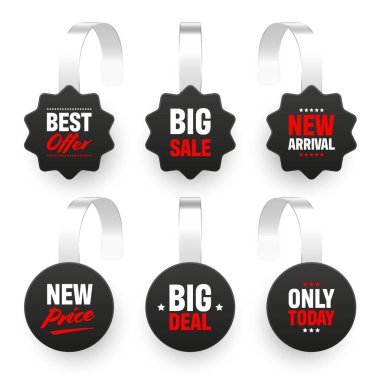 Süpermarket tanıtım sallantıları beyaz arka planda izole edilmiş. Rafların reklamını yapmak için gerçekçi bir şablon. Reklam metniyle indirimli veya indirimli etiket. Özel fiyat etiketi. Vektör illüstrasyonu