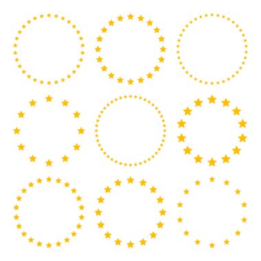 Çemberde çeşitli boyutlarda yıldızlar var. Yuvarlak çerçeve, sınır. Sarı yıldız şekli, basit bir sembol. Tasarım elemanı, süs. Vektör illüstrasyonu.