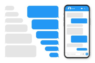 Mesajlaşma uygulaması olan gerçekçi bir akıllı telefon. Boş SMS metin çerçevesi. Mavi mesaj baloncuklarıyla sohbet ekranı. Sosyal medya uygulaması. Vektör illüstrasyonu