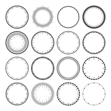 Mekanik saat yüzleri, bezel. Dakika ve saat işaretli kadranı izle. Zamanlayıcı ya da kronometre elemanı. Boş ölçüm çemberi ölçeği ve bölünmeler. Vektör illüstrasyonu