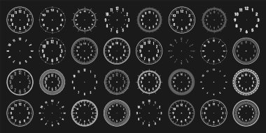 Mekanik saat Arap rakamlarıyla karşılaşıyor, Bezel. Dakika, saat ve sayılarla beyaz saat kadranı. Zamanlayıcı ya da kronometre elemanı. Boş ölçüm çemberi ölçeği ve bölünmeler. Vektör illüstrasyonu.