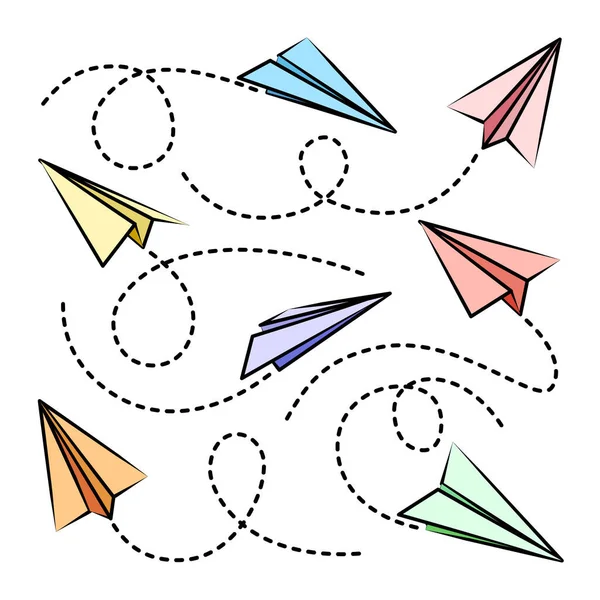 Varios Planos Papel Dibujados Mano Coloridos Aviones Doodle Con Línea — Vector de stock