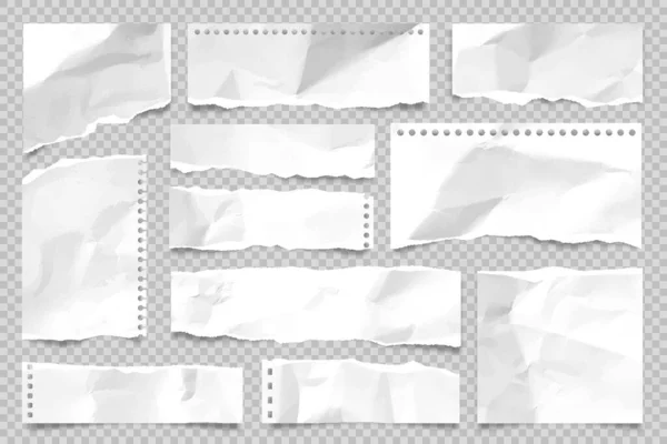 透明な背景に切り取られた紙ストリップ 端が引き裂かれた現実的な砕いた紙屑 ノートブックページの破片 ベクターイラスト — ストックベクタ