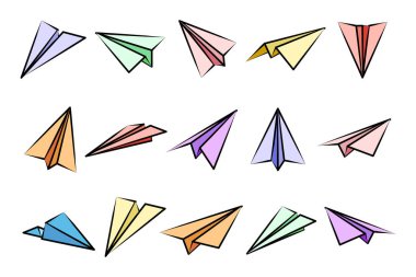 Çeşitli el yapımı kağıt uçaklar. Renkli karalama uçakları. Uçak ikonu, basit uçak siluetleri. Taslak, çizgi sanatı. Vektör illüstrasyonu