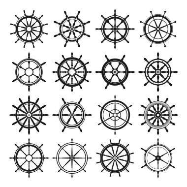 Antika direksiyon koleksiyonu. Gemi, yat retro tekerlek sembolü. Denizci dümeni simgesi. Deniz tasarım elemanı. Vektör illüstrasyonu.