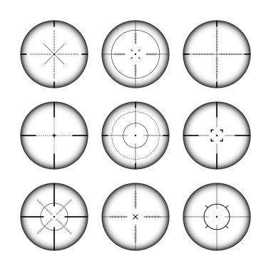 Çeşitli silah görüşleri, keskin nişancı tüfeği optik dürbünleri. Çapraz görüşlü av tüfeği arayıcısı. Nişan al, nişan işareti sembolü. Askeri hedef işareti, siluet. Oyun arayüzü UI ögesi. Vektör illüstrasyonu.