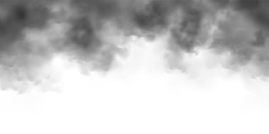 Siyah gerçekçi duman, beyaz arka planda izole toz bulutları. Kirli kirli sis ya da sis. Hava kirliliği, sis etkisi. Yangından ya da patlamadan çıkan duman. Vektör illüstrasyonu.