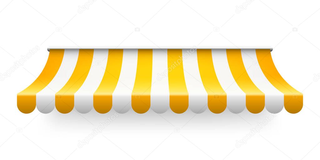 Yellow shop sunshade isolated on white background. Realistic striped cafe awning. Outdoor market tent. Roof canopy. Summer street store. Vector illustration