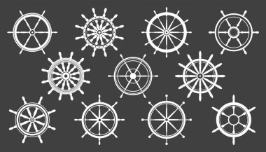 Beyaz vintage direksiyon koleksiyonu. Gemi, yat retro tekerlek sembolü. Denizci dümeni simgesi. Deniz tasarım elemanı. Vektör illüstrasyonu.